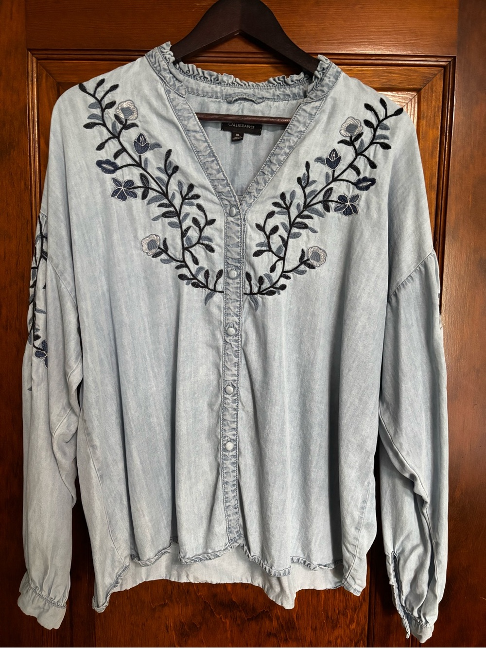 Calligraphie Embroidered Denim Blouse